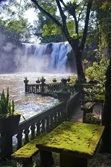 Tropical Waterfall Landscape Drucke: Waterfall and table with moss, tropical