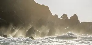 Galapagos Islands Drucke: Waves breaking against the cliffs at the Buccaneers Cove