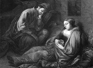 Drucke von Müde Reisende auf einer Gravur aus dem Jahr 1875. Gezeichnet von Mauduit nach einem Gemälde von Rembrandt Rembrandt Van Rijn Drucke: Müde Reisende auf einer Gravur aus dem Jahr 1875.