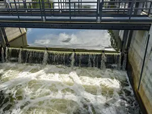 Central Europe River View Drucke: Weir on the river Spree with bridge