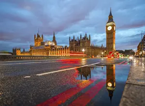 Drucke von Westminster Bridge, Palace of Westminster, Houses of Parliament mit Reflexionen, Big Ben, Lichtbahnen, City of Westminster, London, England, Vereinigtes Königreich Westminster-Brücke Drucke: Westminster Bridge, Palace of Westminster