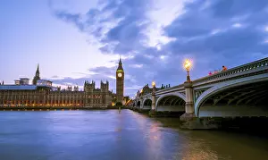 Drucke von Westminster Bridge mit Themse, Palace of Westminster, Houses of Parliament, Big Ben, Dämmerung, City of Westminster, London, England, UK Westminster-Brücke Drucke: Westminster Bridge mit Themse