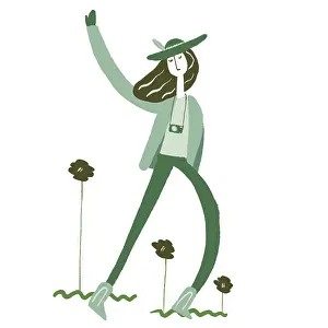 Drucke von Eine zauberhafte Illustration, die eine stilisierte Figur mit Hut und Kamera zeigt, umgeben von grünen Blumen. Die Kunst verwendet ein monochromes Grün für einen frischen, lebhaften Look Minimalistische Kunstwerke Drucke: Ein fantasievolles Illustration