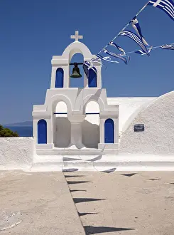 Santorini Church Tower Drucke: White bell tower with Greek flags