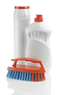Cleaning Supplies Studio Shot Drucke: Two white bottles with brush