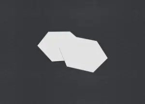 Blank Business Card Template Drucke: Two white hexagons slightly overlapping on a gray background