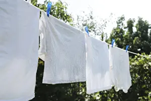 Deserted Clothesline Scene Drucke: White laundry hanging string outdoors