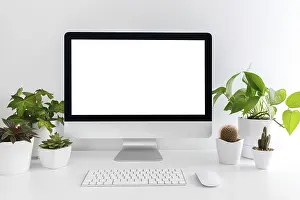 Minimalist Office Setup Drucke: White modern desktop with computer and plants