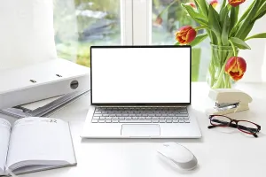 Home Office Setup Drucke: White office workspace by the window
