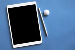 High Quality Photo Drucke: White tablet pencil blue surface