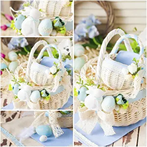 Handmade Easter Decorations Drucke: White wicker Easter basket with handmade decorations