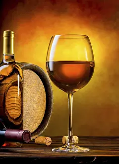 Single Coloured Background Image Drucke: White wine composition on an orange background