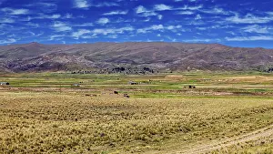 Cloudy Blue Sky Photography Drucke: Wide fields against mountains and cloudy blue sky