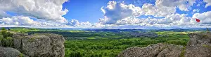 Upper Franconia Landscape Drucke: Wide panorama of green fields and hills in spring with dramatic clouds in the sky