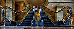 Deserted Subway Station Drucke: Wide panoramic angle of escalator flow low point