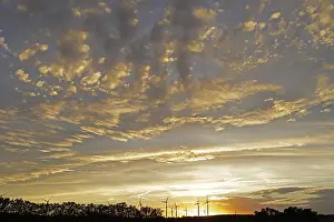 Eco Friendly Electricity Generation Drucke: Wind power plants, clouds, sunset
