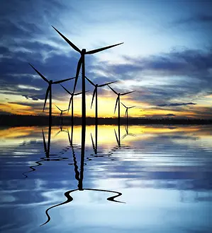 Deserted Windmill Scene Drucke: Wind Power at Sunset