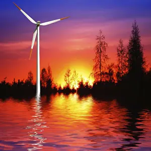Ecofriendly Wind Power Plant Drucke: Wind turbine at sunset