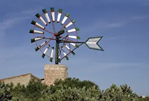 Balearic Islands Architecture Drucke: Windmill with cacti, Campos, Majorca