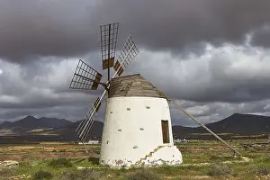Green Meadow Scene Drucke: Windmill, cloudy sky, sideways