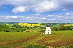 British Countryside Landscape Drucke: Windmill of Fields and Farms from a drone