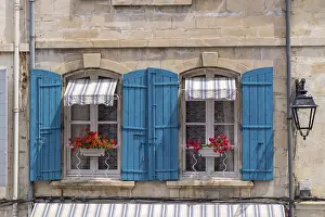 Red Geraniums Drucke: Window with blue shutters and red geraniums