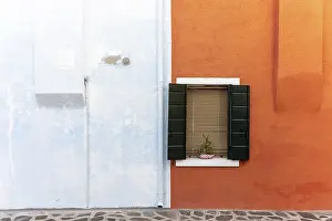 Deserted Window Scene Drucke: Window, orange and light blue wall