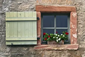 Deserted Building Germany Drucke: Window with shutters and geraniums