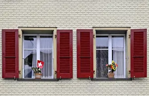 Central Europe Exterior View Drucke: Window with Swiss and Bernese flags