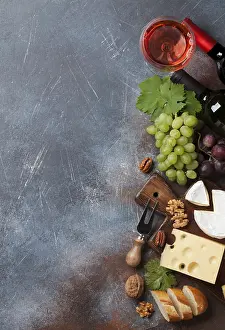 Wine And Cheese Drucke: Wine, grape, bread, nuts and cheese
