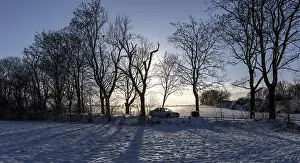 German Farmland In Snow Drucke: Winter landscape, fields and fields in Berlin Lubars