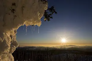 Drucke von Winterlandschaft auf einem Berg, benannt Lusen. (1373 m) Der Wald wurde von Rindenkäfern zerstört. Bayerischer Wald (Bayerischer Wald), Bayern, Deutschland Borkenkäfer Drucke: Winterlandschaft auf einem Berg