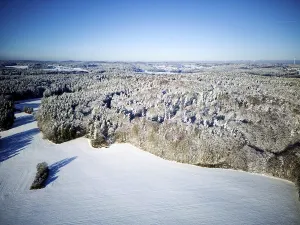 Central Europe Snowy Countryside Drucke: Winter, snow, forest, trees, drone