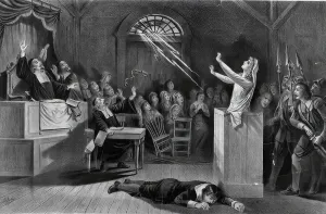 Eine Hexe steht vor Gericht und verteidigt sich mit Hilfe ihrer Zauberformel