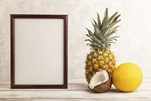 Tropical Fruit Still Life Drucke: Wooden frame with pineapple, melon