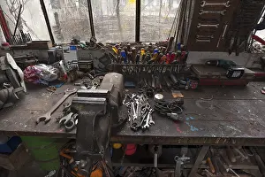 Empty Workshop Space Drucke: Workbench in a workshop, Bavaria, Germany