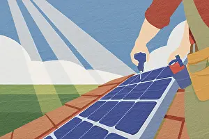 Solar Power Generation Drucke: A worker is installing solar panels on a rooftop