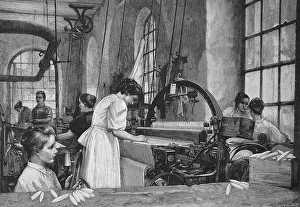 Industrial Plant Europe Drucke: Worker in a weaving mill, Germany