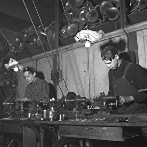Industrial Building Construction Drucke: Workers in the 1940s. Interior of a mechanical workshop for musical instruments