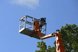 Construction Machinery Drucke: Workers on the work platform pruning or maintaining trees