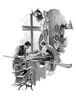 Sewing Machine History Drucke: Workshop of a costume maker or saddlery