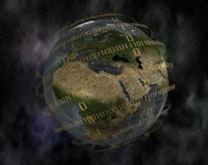 Digital World Map Drucke: World globe and binary code