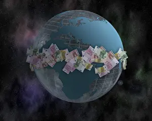 European Union Crisis Drucke: World globe and euro notes