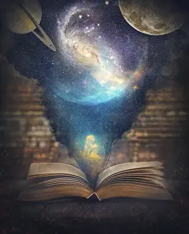 Die Welt und das Universum in einem Buch - Ein surreales Hintergrundbild mit magischen Offenbuch, Galaxien, Sternen und Planeten.