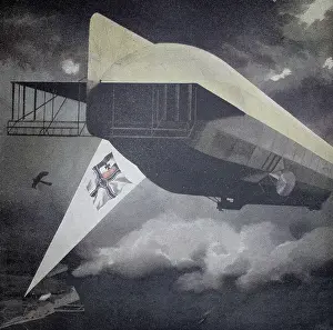 Historical Aviation Illustration Drucke: World War 1, Zeppelin over Dover