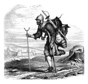 Copper Engraving Art Drucke: Wounded soldier returning from the war
