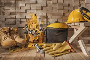 Measuring Tape Details Drucke: Yellow Carpenter Working Tools Set On Construction Site