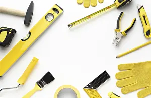 Creative Workspace Design Drucke: Yellow tools frame with copy space