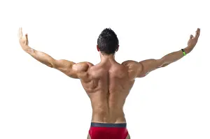 Bodybuilding Athlete Drucke: Back of young bodybuilder with arms spread open