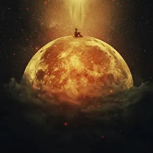 Cloudy Atmosphere Photography Drucke: Young boy standing alone on a planet above the clouds